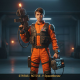 Raider Scavenger example artwork with a character in orange gear holding futuristic equipment in a dark corridor.