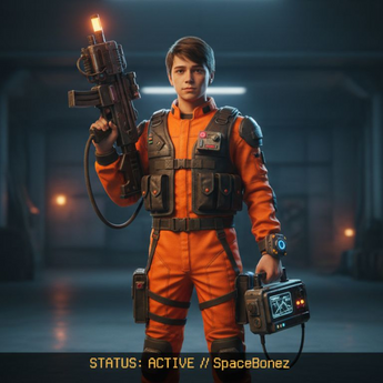 Raider Scavenger example artwork with a character in orange gear holding futuristic equipment in a dark corridor.