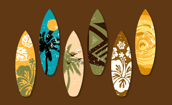 Six vertically oriented surfboard-shaped illustrations on a brown background. Each board has a different tropical or retro coastal design: yellow floral shapes, a turquoise board with a black palm silhouette and sun, a pale peach board with palm fronds and flying birds, an olive and brown geometric chevron pattern, a brown-and-white hibiscus pattern, and a golden board with swirling sun-like textures.