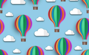 Colorful hot air balloons with rainbow-striped canopies float among small white clouds on a light blue background.
