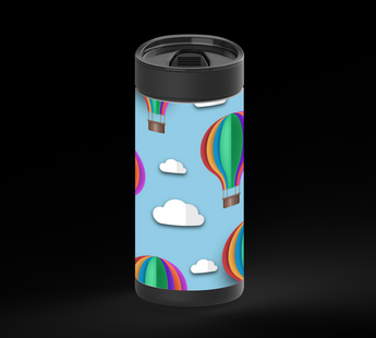 Colorful hot air balloons with rainbow-striped canopies float among small white clouds on a light blue background.