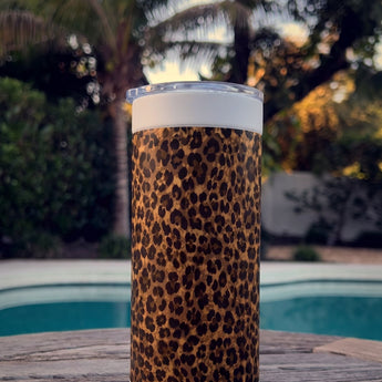 Chocolate Leopard wrap on a white ceramic Wrapware Tumbler poolside
