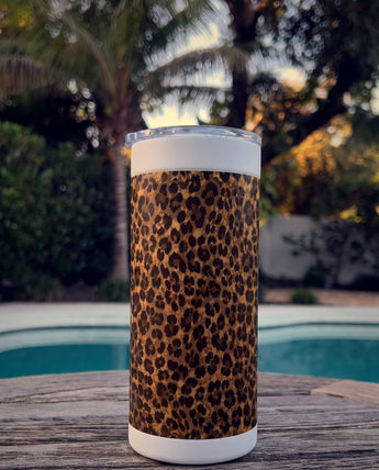 Chocolate Leopard wrap on a white ceramic Wrapware Tumbler poolside