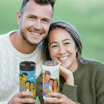 Couple holding two custom Wrapware tumblers printed with cartoon portraits made from their own photo