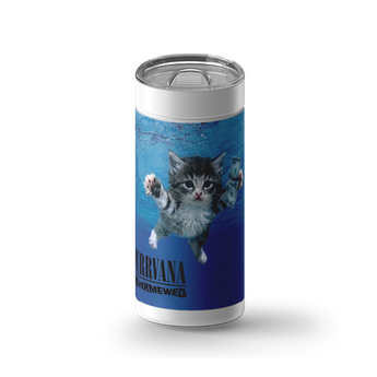 Purrvana Nevermewed wrap on a white ceramic Wrapware tumbler