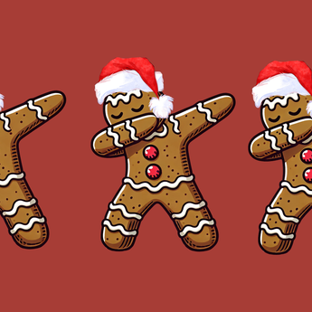 Ginger Dab Red wrap artwork with three dabbing gingerbread figures in Santa hats on red.