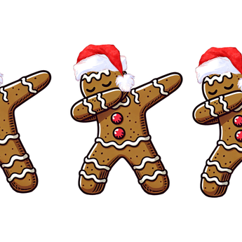 Ginger Dab White wrap artwork with three dabbing gingerbread figures in Santa hats on white.