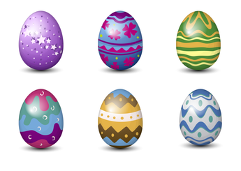 Six decorated Easter eggs arranged in two rows of three on a white background. Each egg has a different colorful pattern, including stars, flowers, wavy stripes, moon shapes, zigzags with dots, and blue-gray bands.