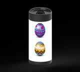 Six decorated Easter eggs arranged in two rows of three on a white background. Each egg has a different colorful pattern, including stars, flowers, wavy stripes, moon shapes, zigzags with dots, and blue-gray bands.