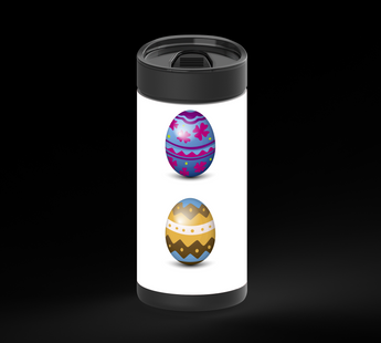 Six decorated Easter eggs arranged in two rows of three on a white background. Each egg has a different colorful pattern, including stars, flowers, wavy stripes, moon shapes, zigzags with dots, and blue-gray bands.