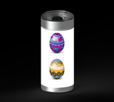 Six decorated Easter eggs arranged in two rows of three on a white background. Each egg has a different colorful pattern, including stars, flowers, wavy stripes, moon shapes, zigzags with dots, and blue-gray bands.