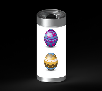 Six decorated Easter eggs arranged in two rows of three on a white background. Each egg has a different colorful pattern, including stars, flowers, wavy stripes, moon shapes, zigzags with dots, and blue-gray bands.