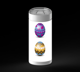 Six decorated Easter eggs arranged in two rows of three on a white background. Each egg has a different colorful pattern, including stars, flowers, wavy stripes, moon shapes, zigzags with dots, and blue-gray bands.