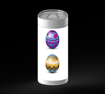 Six decorated Easter eggs arranged in two rows of three on a white background. Each egg has a different colorful pattern, including stars, flowers, wavy stripes, moon shapes, zigzags with dots, and blue-gray bands.