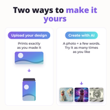 Two ways to design your tumbler: upload your finished design, or upload a photo and create with AI