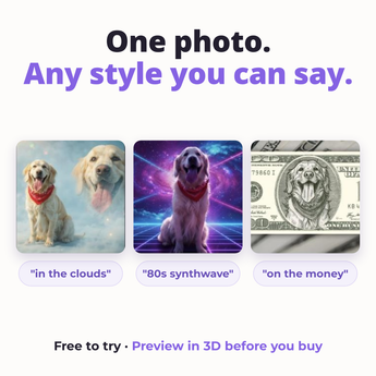 The same dog photo turned into three different tumbler designs from three short prompts