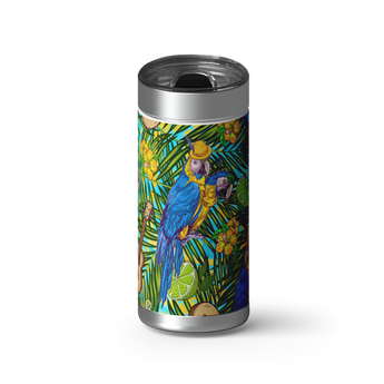 Blue Parrot Lounge wrap on a brushed stainless Wrapware tumbler