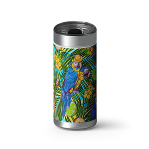 Blue Parrot Lounge wrap on a brushed stainless Wrapware tumbler
