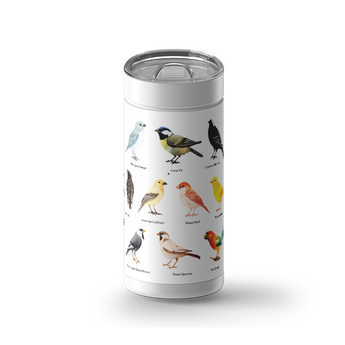 Feathered Friends wrap on a white ceramic Wrapware tumbler