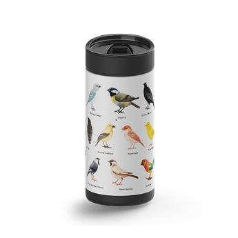 Feathered Friends wrap on a black ceramic Wrapware tumbler