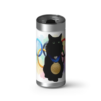 Gold Medal Kitty Custom Tumbler wrap on a brushed stainless Wrapware tumbler