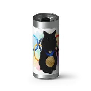 Gold Medal Kitty Custom Tumbler wrap on a brushed stainless Wrapware tumbler