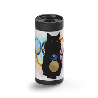 Gold Medal Kitty Custom Tumbler wrap on a black ceramic Wrapware tumbler
