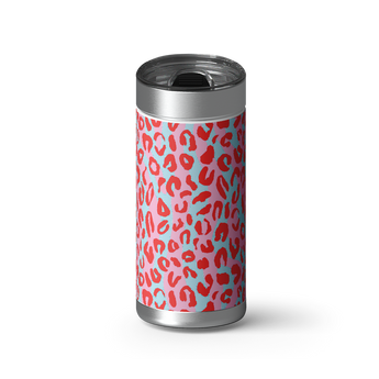 Pink & Light Teal Cheetah Print wrap on a brushed stainless Wrapware tumbler