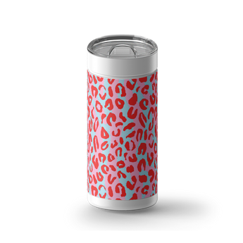 Pink & Light Teal Cheetah Print wrap on a white ceramic Wrapware tumbler