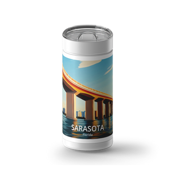 Sarasota Travel Poster wrap on a white ceramic Wrapware tumbler