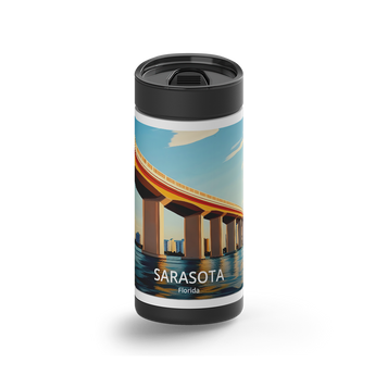 Sarasota Travel Poster wrap on a black ceramic Wrapware tumbler