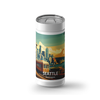 Seattle Travel Poster wrap on a white ceramic Wrapware tumbler
