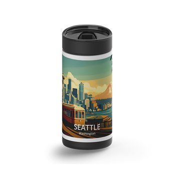 Seattle Travel Poster wrap on a black ceramic Wrapware tumbler