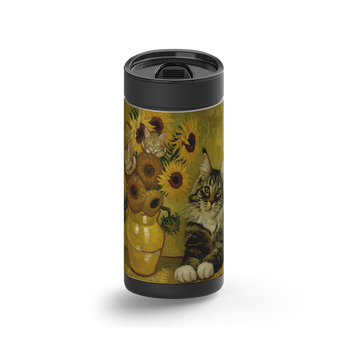 Sunflower Kitty wrap on a black ceramic Wrapware tumbler