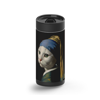 The Cat with the Pearl Earring wrap on a black ceramic Wrapware tumbler