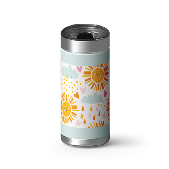Whimsical Sunshine & Clouds wrap on a brushed stainless Wrapware tumbler