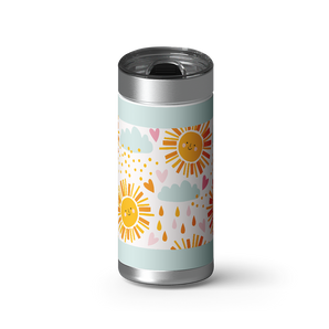 Whimsical Sunshine & Clouds wrap on a brushed stainless Wrapware tumbler