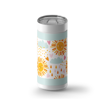 Whimsical Sunshine & Clouds wrap on a white ceramic Wrapware tumbler