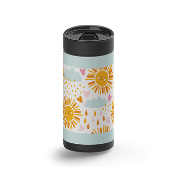 Whimsical Sunshine & Clouds wrap on a black ceramic Wrapware tumbler