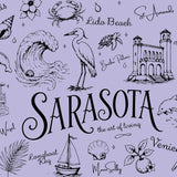 Illustrated Sarasota-themed collage in black line art on a lavender background, with the word “Sarasota” large in the center and smaller place names and coastal icons around it, including waves, shells, dolphins, birds, palms, sailboats, flowers, and buildings.