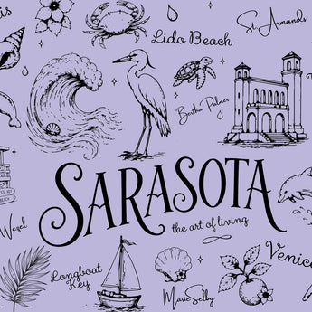 Illustrated Sarasota-themed collage in black line art on a lavender background, with the word “Sarasota” large in the center and smaller place names and coastal icons around it, including waves, shells, dolphins, birds, palms, sailboats, flowers, and buildings.