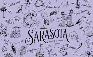 Illustrated Sarasota-themed collage in black line art on a lavender background, with the word “Sarasota” large in the center and smaller place names and coastal icons around it, including waves, shells, dolphins, birds, palms, sailboats, flowers, and buildings.
