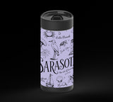 Illustrated Sarasota-themed collage in black line art on a lavender background, with the word “Sarasota” large in the center and smaller place names and coastal icons around it, including waves, shells, dolphins, birds, palms, sailboats, flowers, and buildings.