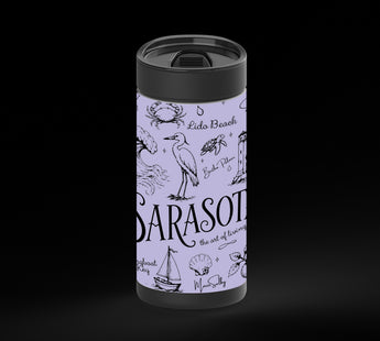 Illustrated Sarasota-themed collage in black line art on a lavender background, with the word “Sarasota” large in the center and smaller place names and coastal icons around it, including waves, shells, dolphins, birds, palms, sailboats, flowers, and buildings.