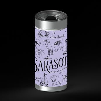 Illustrated Sarasota-themed collage in black line art on a lavender background, with the word “Sarasota” large in the center and smaller place names and coastal icons around it, including waves, shells, dolphins, birds, palms, sailboats, flowers, and buildings.