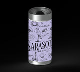 Illustrated Sarasota-themed collage in black line art on a lavender background, with the word “Sarasota” large in the center and smaller place names and coastal icons around it, including waves, shells, dolphins, birds, palms, sailboats, flowers, and buildings.