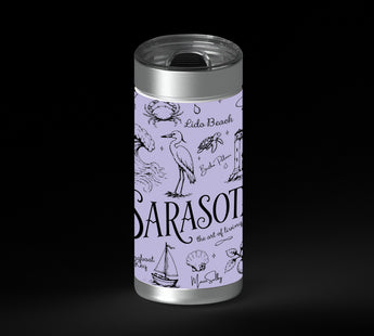 Illustrated Sarasota-themed collage in black line art on a lavender background, with the word “Sarasota” large in the center and smaller place names and coastal icons around it, including waves, shells, dolphins, birds, palms, sailboats, flowers, and buildings.
