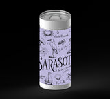 Illustrated Sarasota-themed collage in black line art on a lavender background, with the word “Sarasota” large in the center and smaller place names and coastal icons around it, including waves, shells, dolphins, birds, palms, sailboats, flowers, and buildings.
