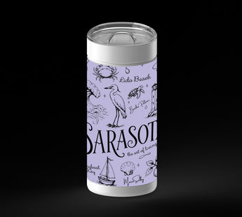 Illustrated Sarasota-themed collage in black line art on a lavender background, with the word “Sarasota” large in the center and smaller place names and coastal icons around it, including waves, shells, dolphins, birds, palms, sailboats, flowers, and buildings.