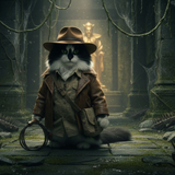 Fortune and Glory example artwork with a cat in an explorer's hat and jacket inside overgrown ruins.